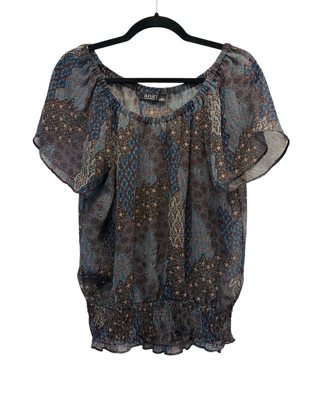 Paisley Sheer Blouse Womens Petite M Flutter Sleeve Smocked Hem a.n.a.